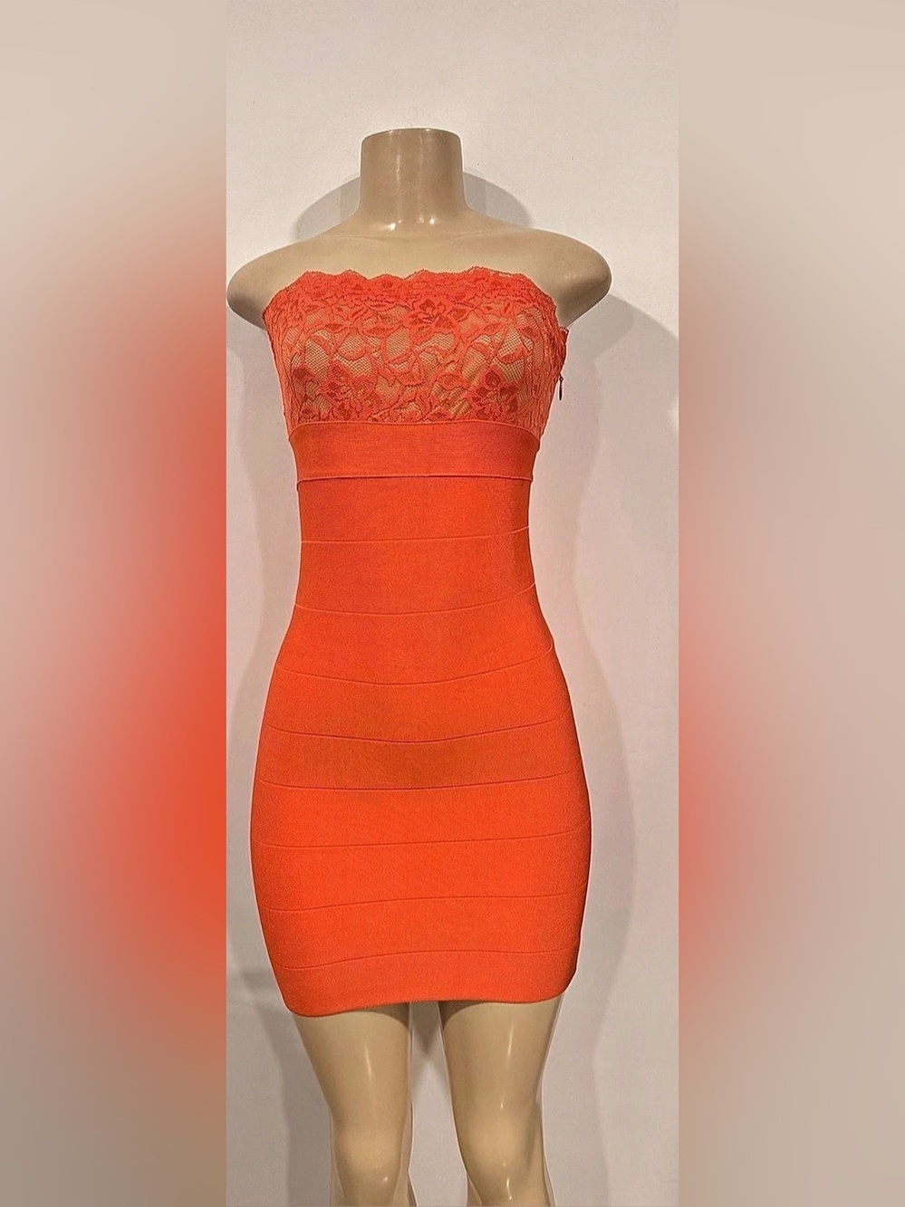 bebe Strapless Lace Mini Dress in Orange